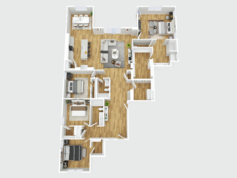 A floor plan of a house with a kitchen, living room, and two bedrooms.